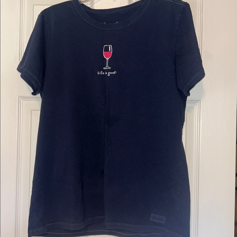 Navy Blue Graphic Tee with Wine Glass Design Size L